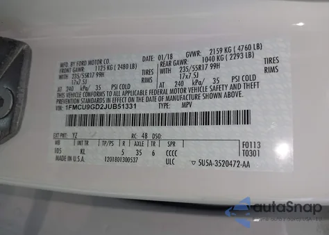 2018 Ford Escape Se from USA, damaged, VIN 1FMCU9GD2JUB51331